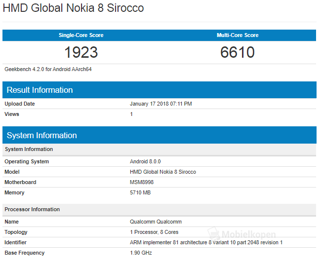 Geekbench 跑分提示：Nokia 8 Sirocco 內置 Snapdragon 835 處理器；國際版第二代 Nokia 6 將推出 3GB RAM 版本！ 2